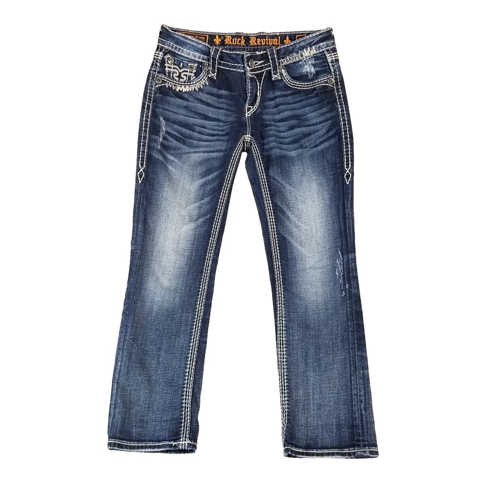 Rock Revival Jeans Womens 27 Blue Serena Capri Distressed Embroidered‎ Pockets